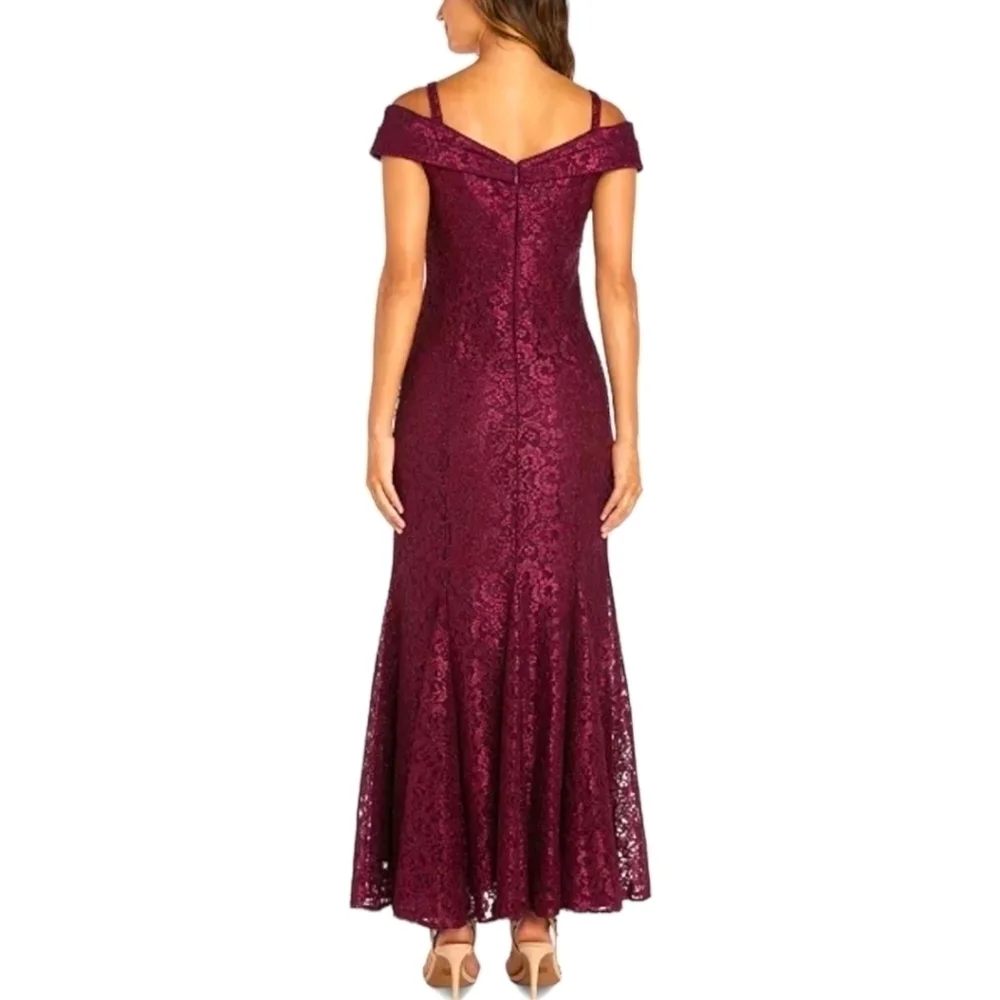 R & M Richards Burgundy Off-The-Shoulder Petite Lace Gown Plus Size 18W - Picture 7 of 11